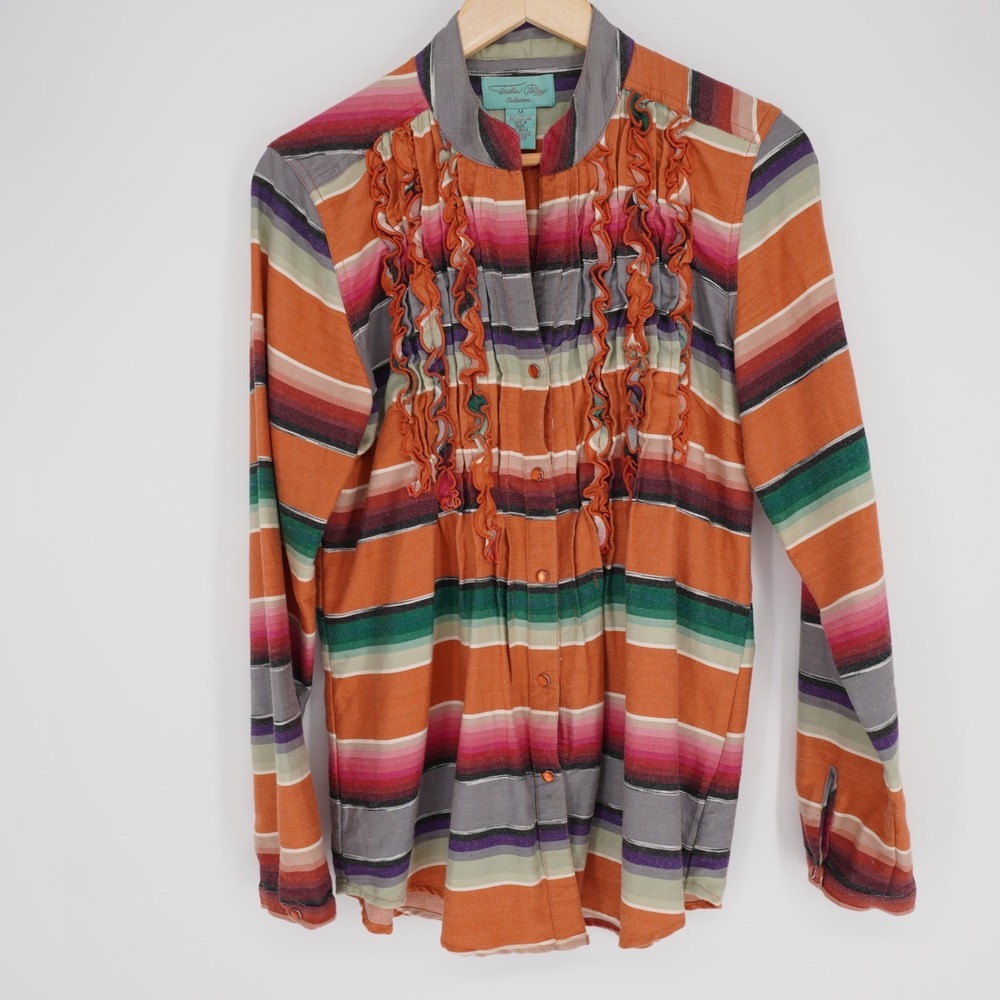 Tasha Polizzi Southwestern Snap Front Shirt Womens M Stripe Cotton Tuxedo Ruffle